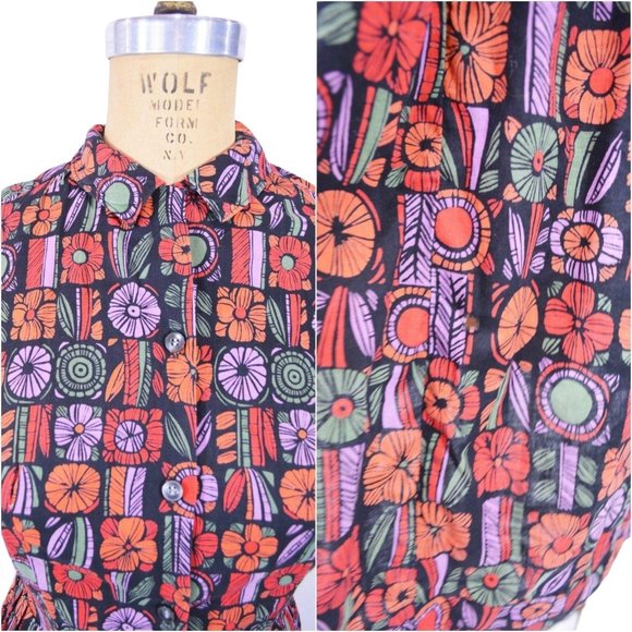 Vintage 1960s Cotton Day Dress Black Orange Floral Print Shirtdress | W 25" - Picture 4 of 5